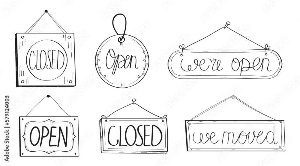 Open closed door tag set vector. Supermarket haning labels. Shop door