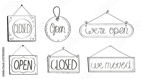 Open closed door tag set vector. Supermarket haning labels. Shop door badge illustration in doodle sketch style. Window open store