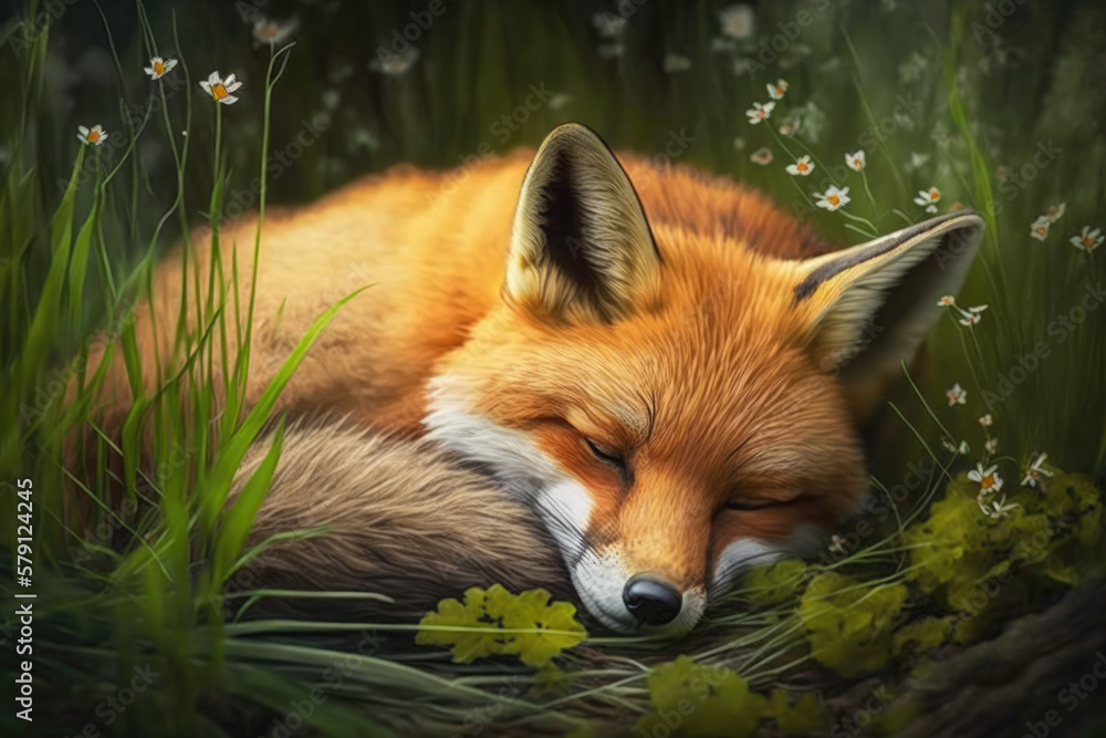 Fototapeta premium Red fox asleep in the grass, generative AI