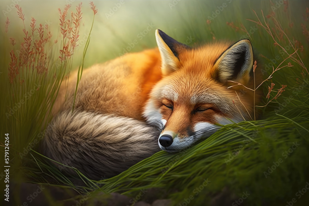 Fototapeta premium Red fox in the wild sleeping, generative AI
