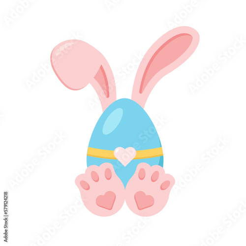 Easter bunny with egg  greeting card with rabbits ears and and feet. Vector illustration