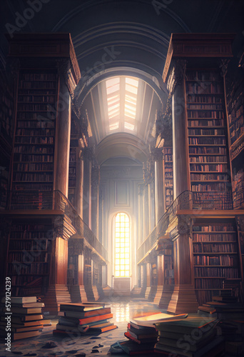 Abandoned ancient library with a lot of lost knowledge by mankind. AI generated
