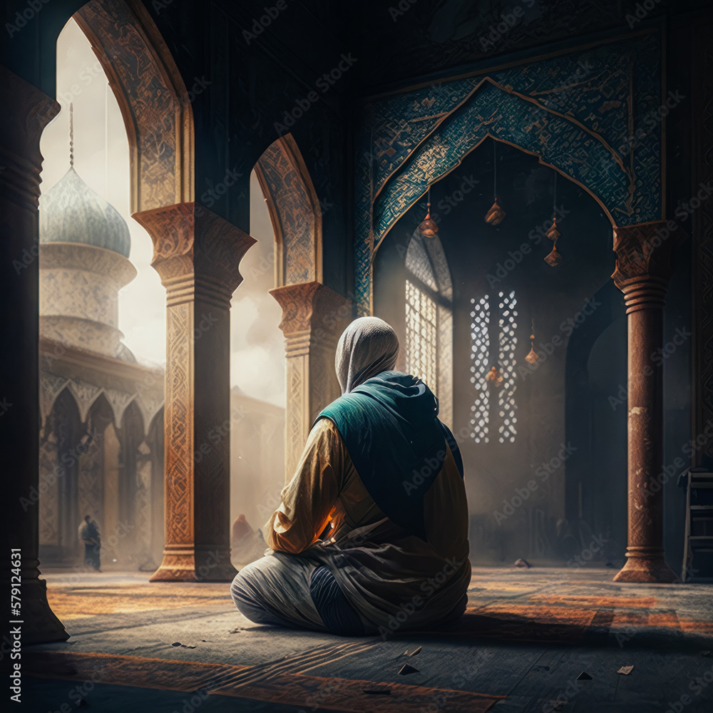 Generative AI illustration of praying man in mosque Generative AI illustration of praying man in mosque