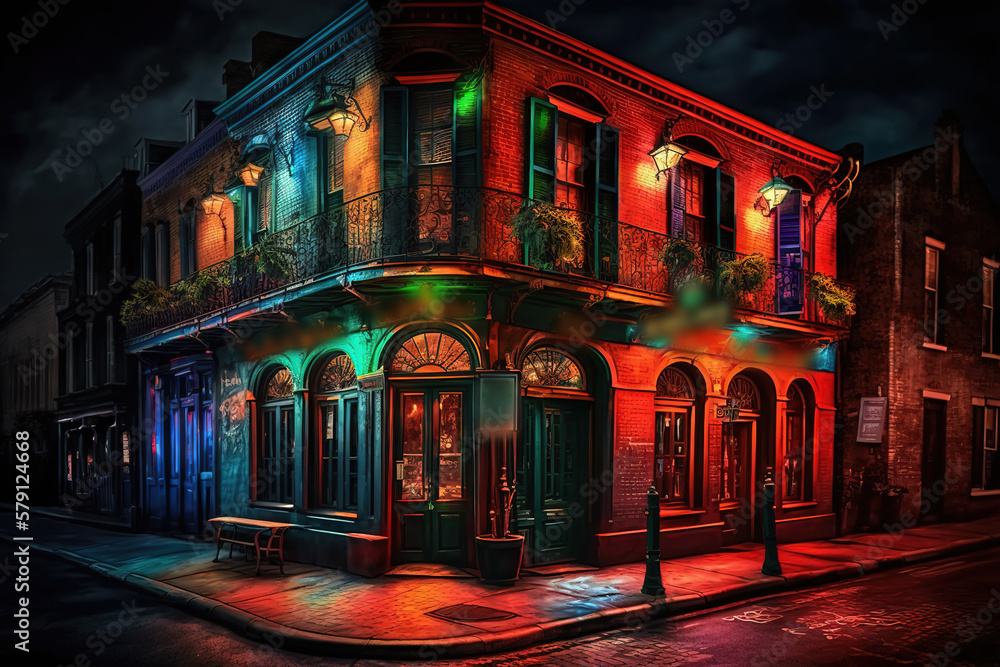 Pubs and bars with neon lights in the French Quarter, New Orleans USA. Generative AI.