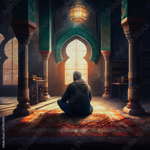 Generative AI illustration of praying man in mosque photo