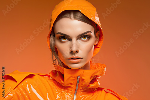 Generative AI illustration of female model wearing orange raincoat photo