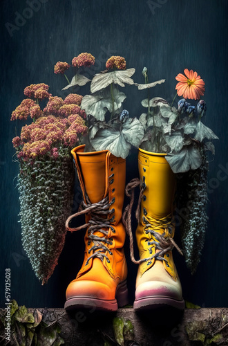 Generative AI illustration of Recycled Boots with Flowers