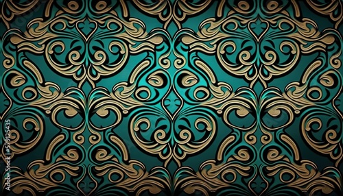  a blue and gold wallpaper with swirls and swirls on the side of the wall of a room with a black floor and a brown wall. generative ai