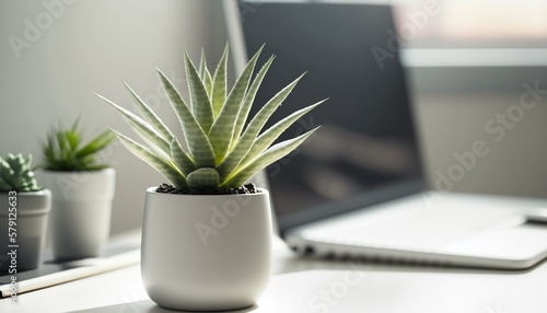 Cute potted plants in front of a laptop on a desk background