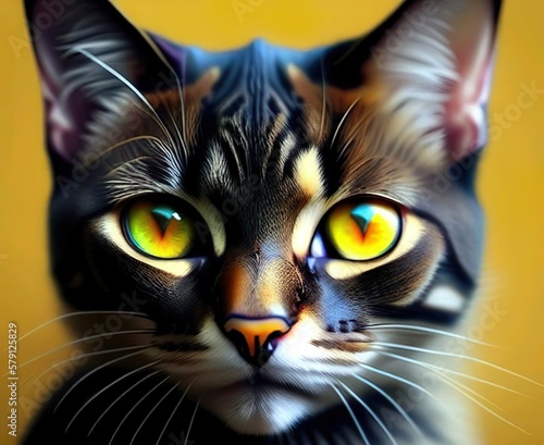 Sweet grey cat with yellow eyes, ai generated illustration