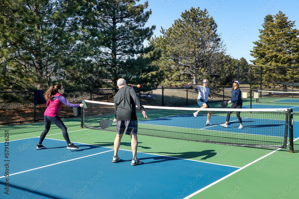 Men and Women at the Net in a Doubles Game of Pickleball