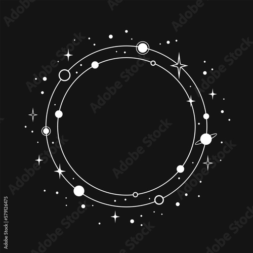 White round frame with orbits, planets and stars on black background. Vector illustration