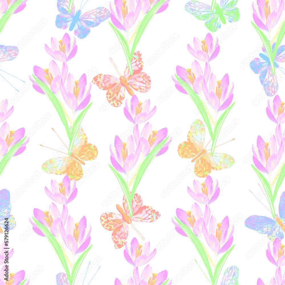 Crocus flowers and butterfly-insects seamless pattern. Crocus flowers and butterfly-insects seamless pattern.