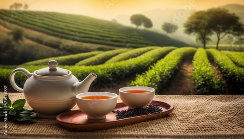 Teapot with two cups of tea on background of tea plantation. Copy space. Based on Generative AI 