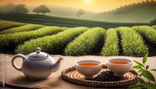 Teapot with two cups of tea on background of tea plantation. Copy space. Based on Generative AI 