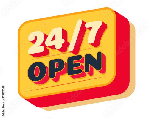 24 hours open banner color style 3d trendy typography isolated on white background. Clock, stopwatch, cooking time label. vector 10 eps