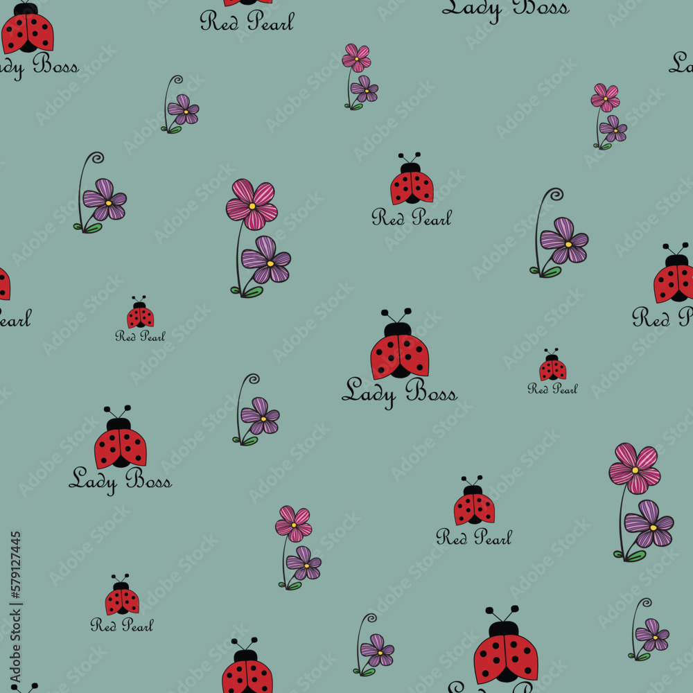Fototapeta premium seamless repeat pattern with cute red ladybug and colorful pink and purple floral elements on a deep turquoise perfect for fabric, scrap booking, wallpaper, gift wrap projects 