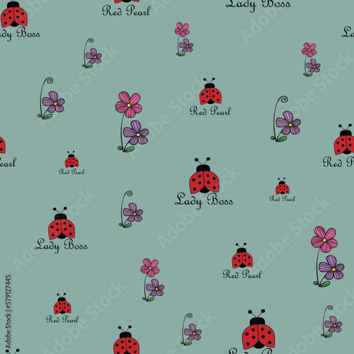 seamless repeat pattern with cute red ladybug and colorful pink and purple floral elements on a deep turquoise perfect for fabric, scrap booking, wallpaper, gift wrap projects 