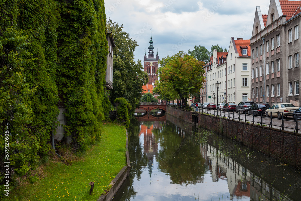View of street and St Catherine's Church in Gdansk, Poland