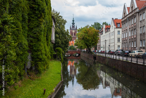 View of street and St Catherine's Church in Gdansk, Poland