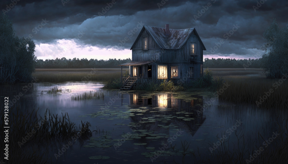 Obraz premium An old abandoned house in a swamp, created with Generative AI technology.