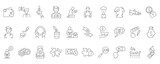 Set of 30 editable stroke line icons related to poverty, homeless, poor man. Vector illustration 