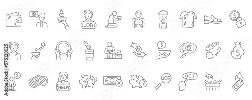 Leinwand Poster Set of 30 editable stroke line icons related to poverty, homeless, poor man