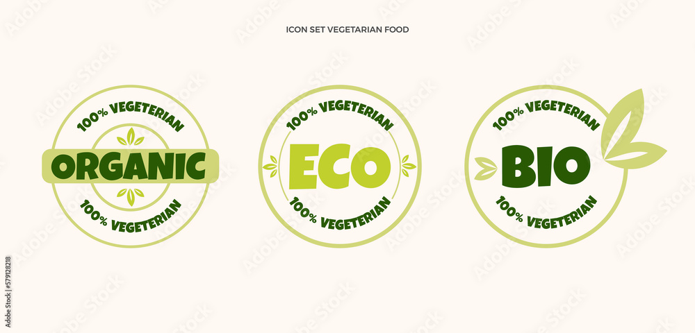 Vegetarian, organic, and natural products sticker, label, badge, and logo. Logo template with green leaves for organic and eco-friendly products. Editable Vector illustration