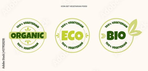 Vegetarian, organic, and natural products sticker, label, badge, and logo. Logo template with green leaves for organic and eco-friendly products. Editable Vector illustration
