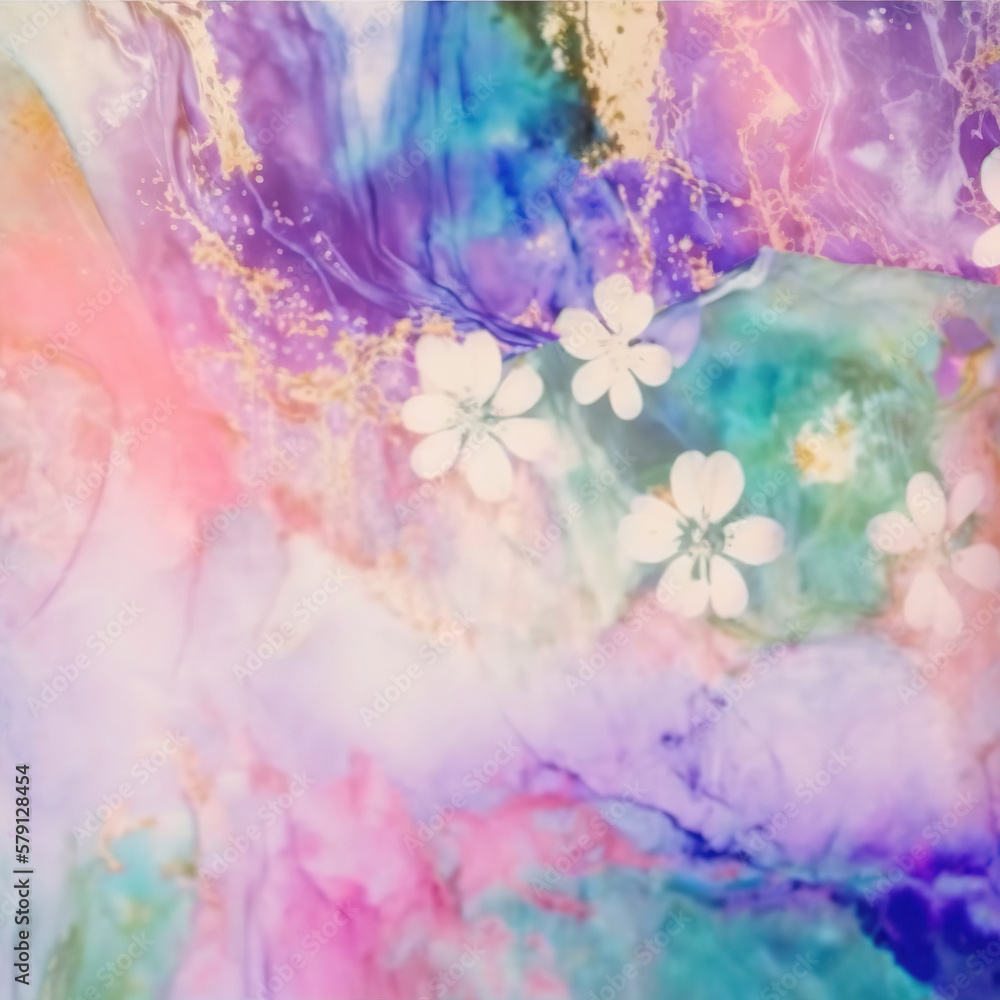 Experimental floral ink texture with gold and pink purple fluid surface, generative AI abstract backdrop Experimental floral ink texture with gold and pink purple fluid surface, generative AI abstract backdrop