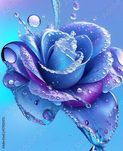 Light blue purple rose with water drops, splashes and frost