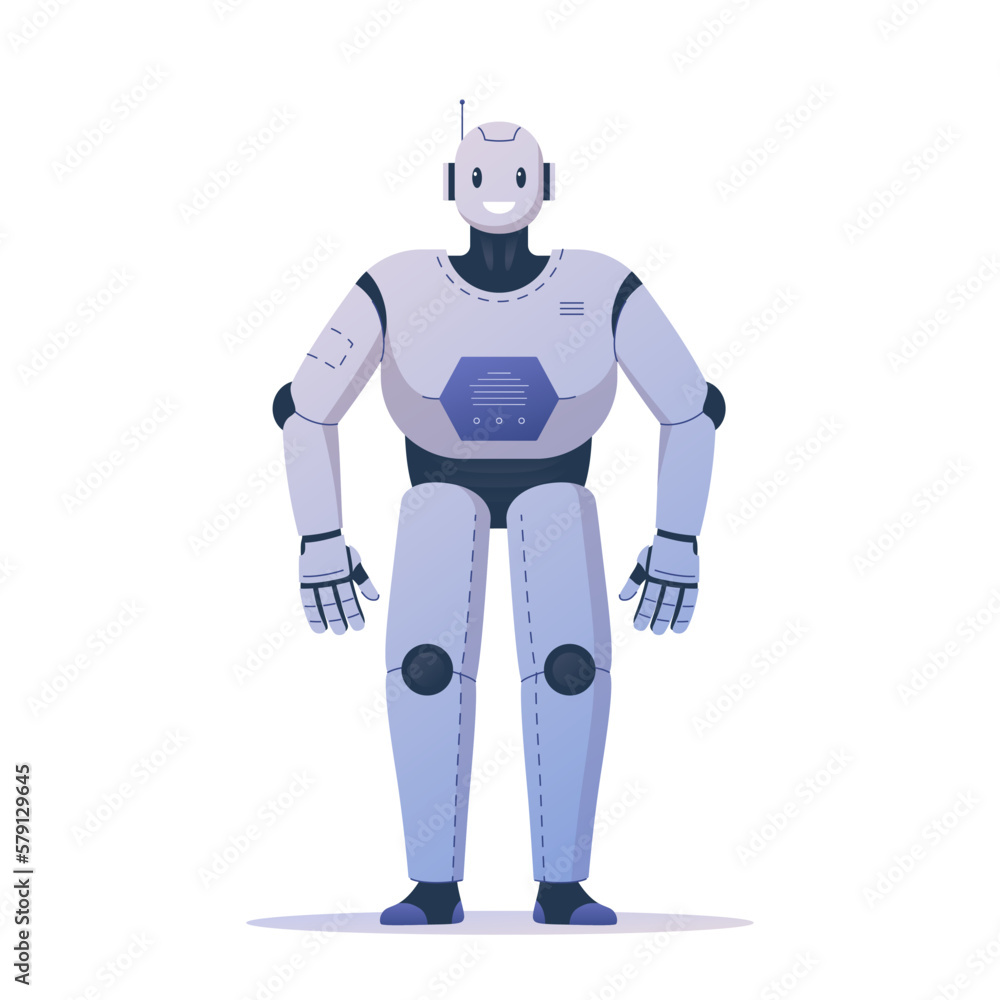 Vector illustration of a modern robot that smiles. High-tech robot, ready to perform various tasks and projects. Modern robot design. Technological possibilities in the field of robotics.