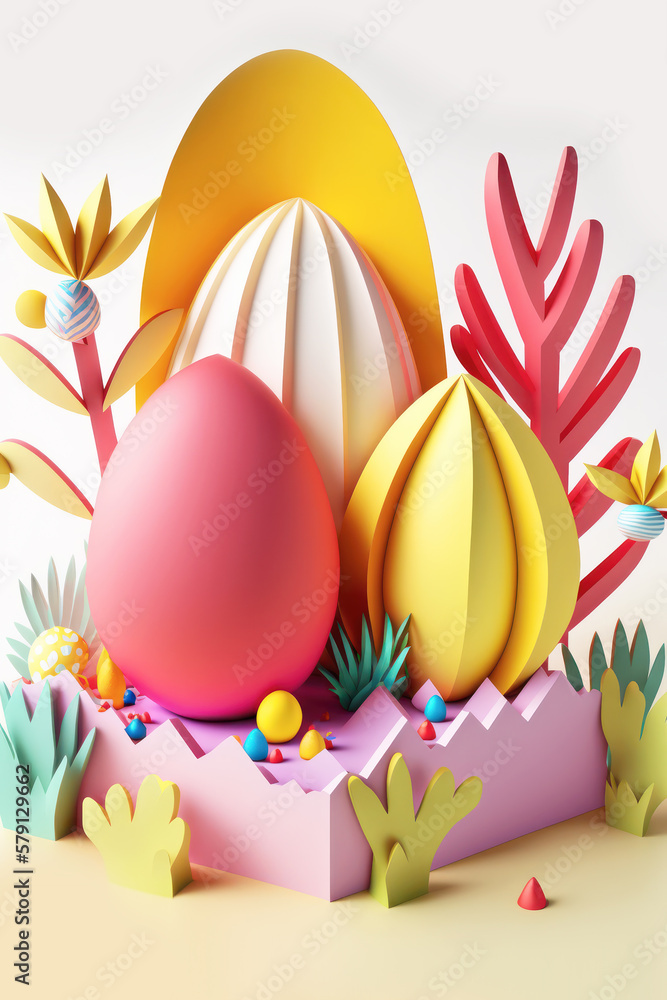 Paper Easter eggs and flowers. Bright paper cut Easter or spring is coming background. 