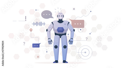 Vector illustration of a modern robot that smiles. The ability of a high-tech robot that performs various functions, tasks and projects. Technological possibilities in the field of robotics.
