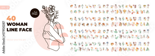 Modern abstract line minimalistic women faces arts set with different shapes for wall decoration, postcard or brochure cover design. Different woman faces. One line art. Vector illustrations design