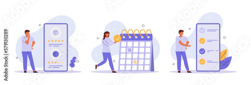 Business management illustration set. Characters planning work tasks, managing inbox emails, making schedule using calendar. Time, schedule and email management concept. Vector illustration