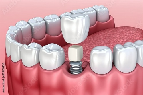 3d render of jaw in process of dental crown restoration, dental implant
