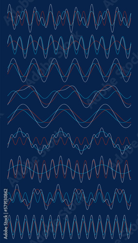 Resulting Complicated harmonic sine wave diagram - visualization of acoustic oscillation types - nature of sound - vector concept of waveform signal types
