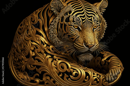 Regal Elegance in Golden Hue: A Majestic Stock Photo of Highly Detailed Tiger Decoration, Perfect for Luxury Designs, Wall Art, and Exotic Themed Projects, created with Generative AI technology
