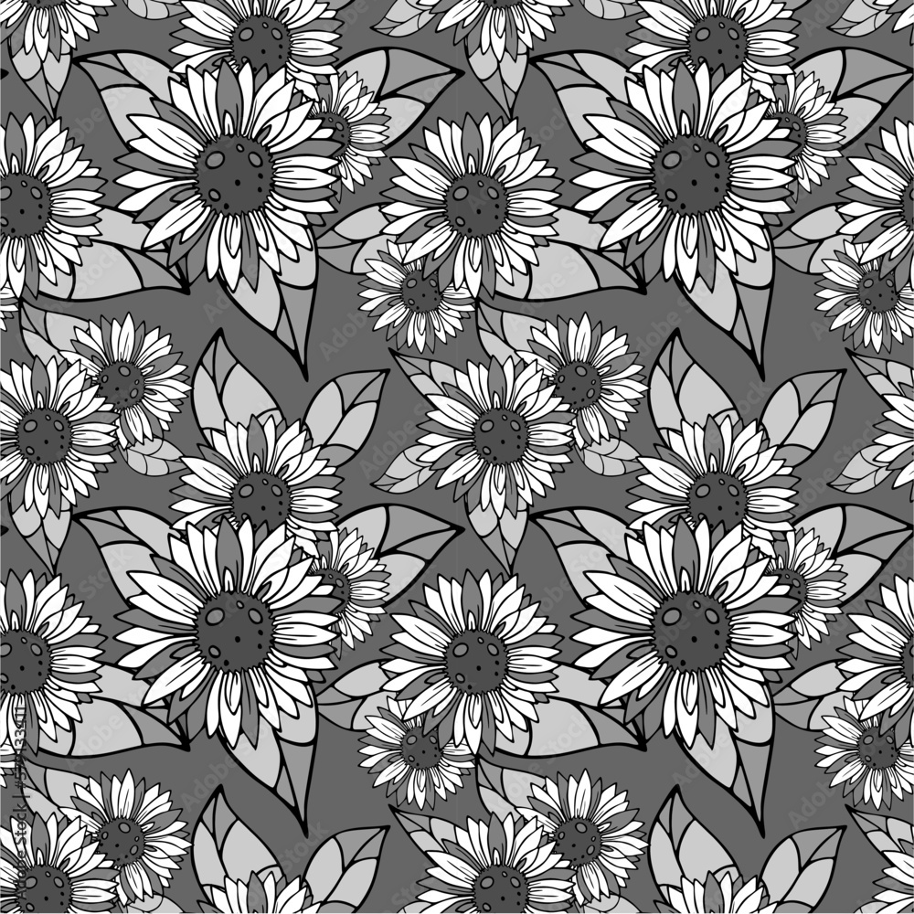 bright seamless pattern of large black and white inflorescences on a gray background, texture, design