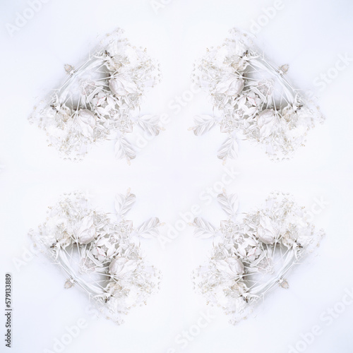 White light monochrome background with white flowers and leaves. Texture for text and graphic design.