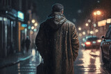 Lonely guy in overcoat walking through rain