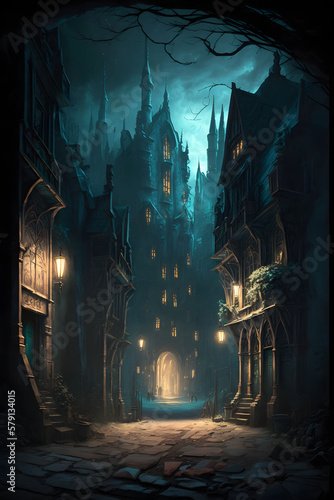 Fantasy medieval city at night digital art