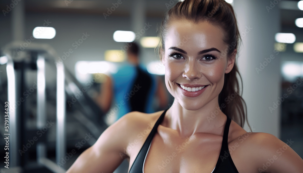 Portrait of cheerful fit looking young woman at gym. Generative AI