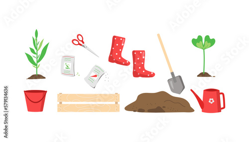 Set, planting vegetables. Seeds of plants in packets. Vegetable garden, agroculture. Work in the garden, plant care, spring season. Gardening tools, rubber boots, watering can, shovel, bucket, soil.