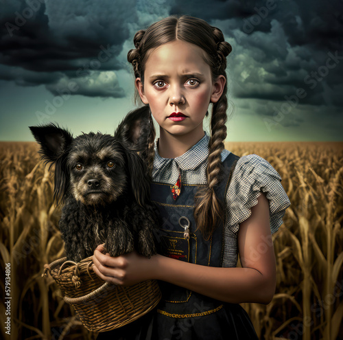 Depression Era Kansas Farm Girl and Her Little Dog Watching a Tornado Brew - Generative AI