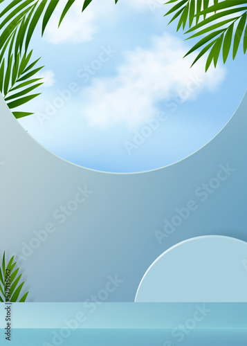 Empty Wall Room Background,3D Display Studio with Coconut Palm and  Shadow,Room with sunlight overlay on Blue wall,Vector minimal backdrop design for Summer background Presentation,Sale, Promotion