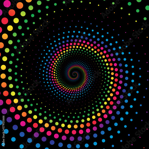 Rainbow dot circle spiral halftone on the black background. Vector illustration.