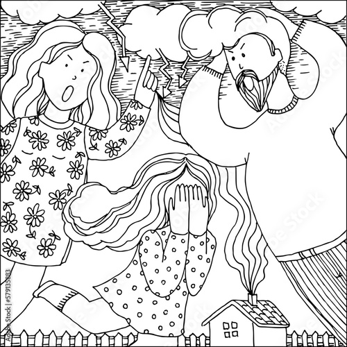 Conflict with parents. Coloring page. Father and mother scolding kid. Teenage  ignores his parents. Misunderstood, depression, anxiety, stress. Families problematic relationships. Sketch vector