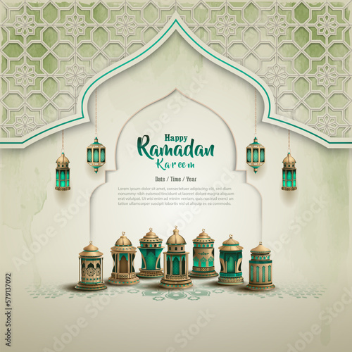 islamic greeting ramadan kareem card design with beautiful green lanterns